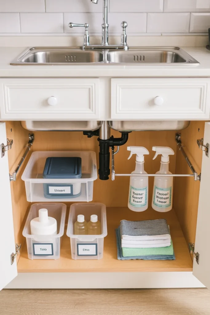 Under sink organization with clear bins, tension rod holding spray bottles, and labeled containers inside a kitchen cabinet