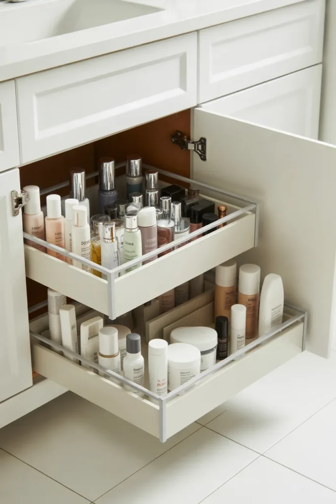 Under sink two-tier sliding drawer organizer — small bathroom storage ideas for tiny spaces.