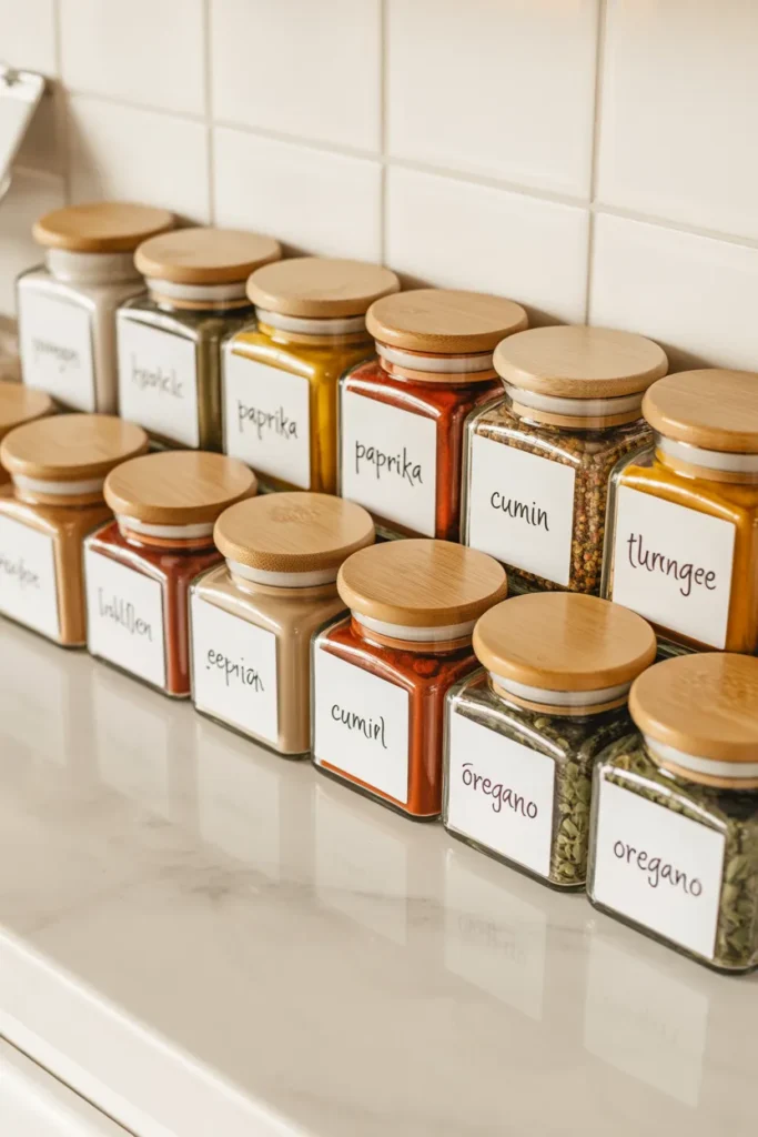  Uniform glass spice jars with bamboo lids and minimalist labels for neat kitchen storage