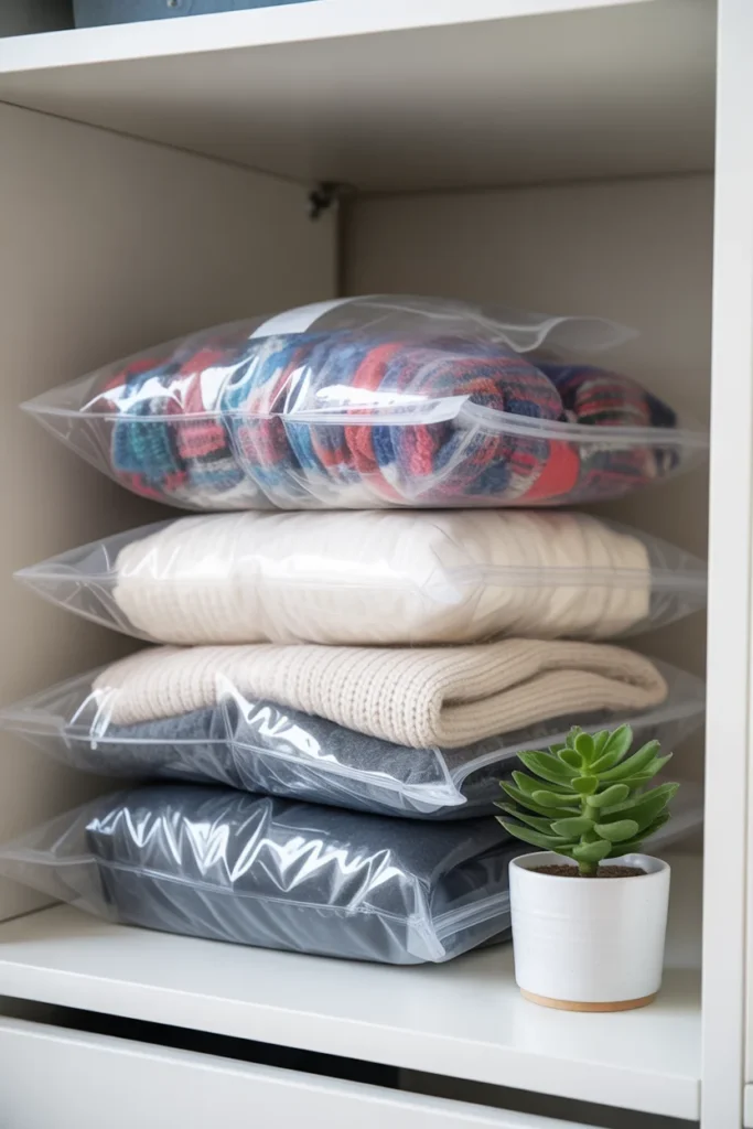 Vacuum storage bags compressing winter clothes to save space in a small closet