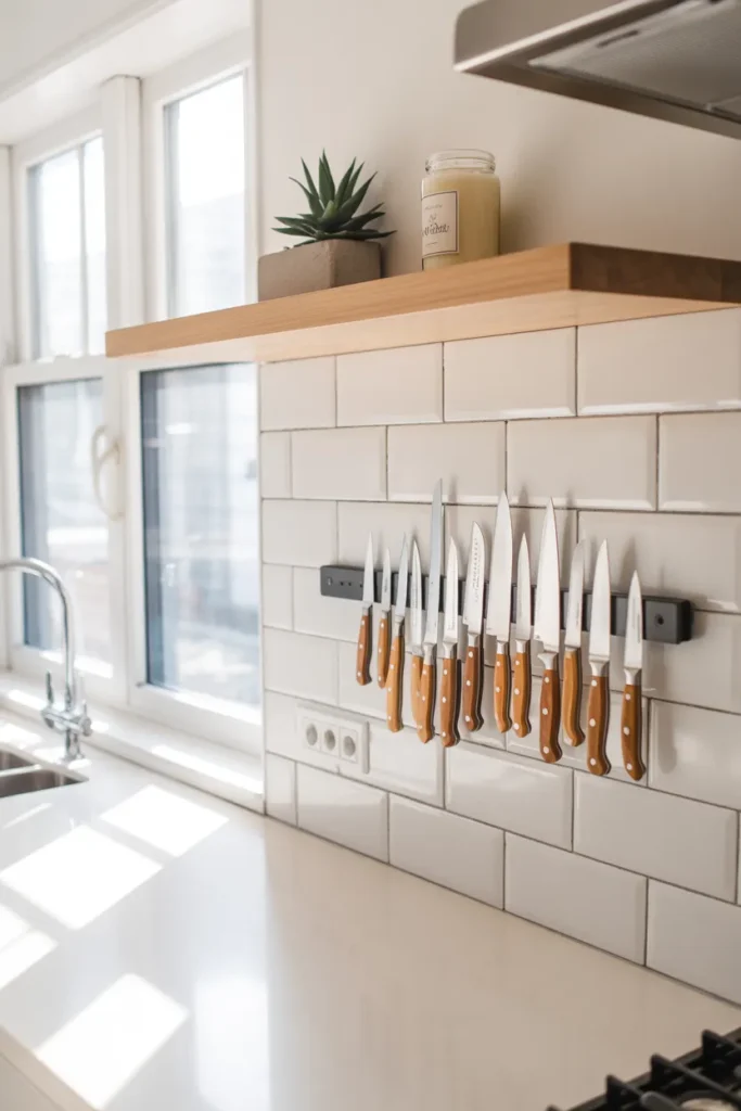 Vertical kitchen storage with magnetic knife strip and floating shelf above countertop