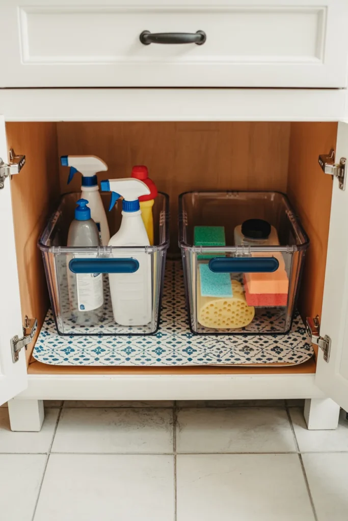Waterproof shelf liner protecting under sink cabinet base with clear storage bins on top