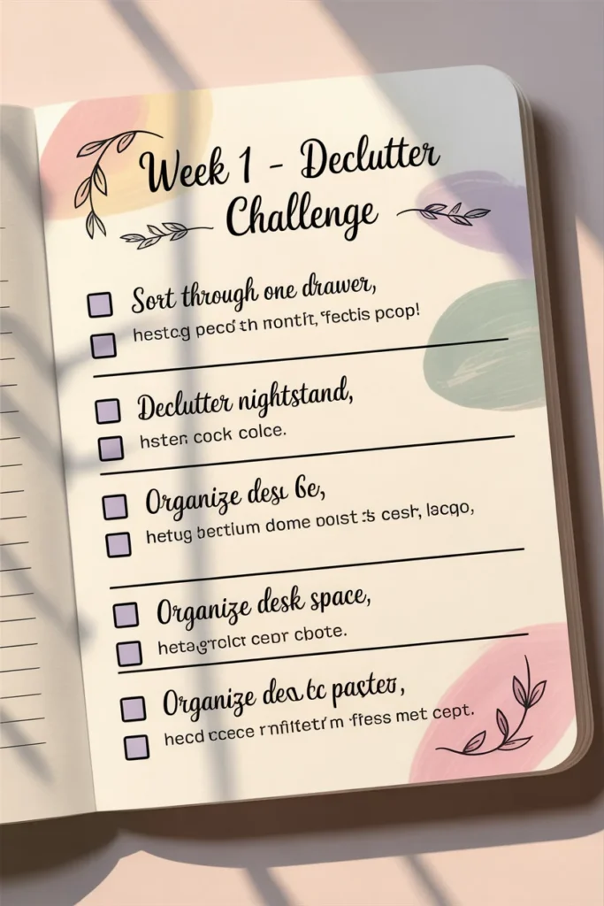 Week 1 of 30 day declutter challenge printable showing daily decluttering tasks for kitchen and bathroom