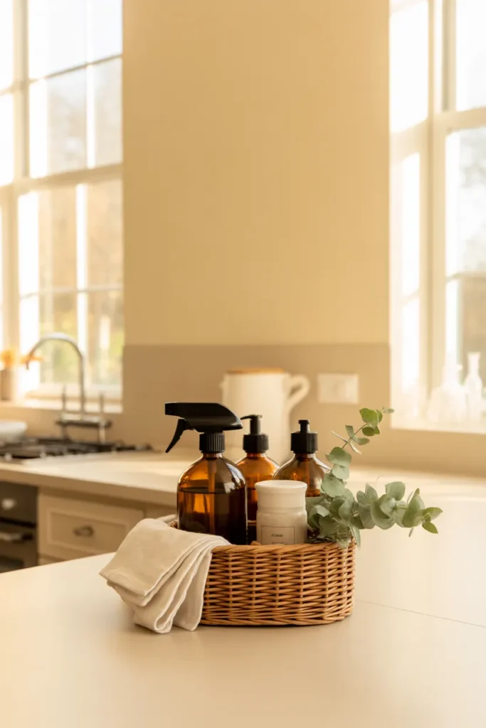 Weekly cleaning schedule supplies in a wicker caddy on a cream kitchen counter