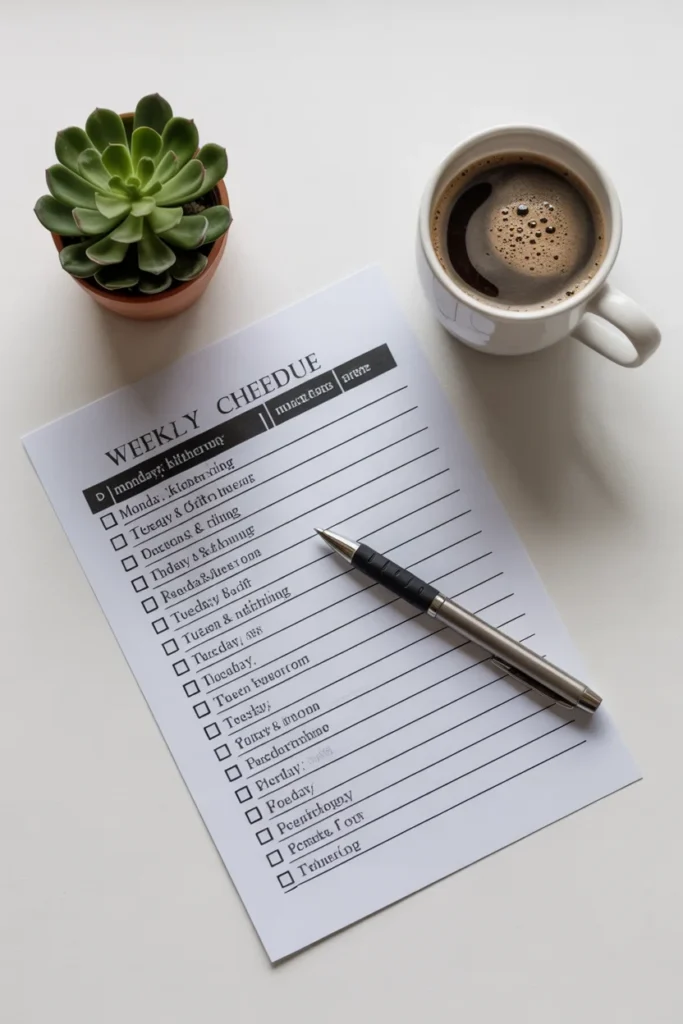 Weekly declutter checklist printable on a desk with coffee and plant for home organization planning