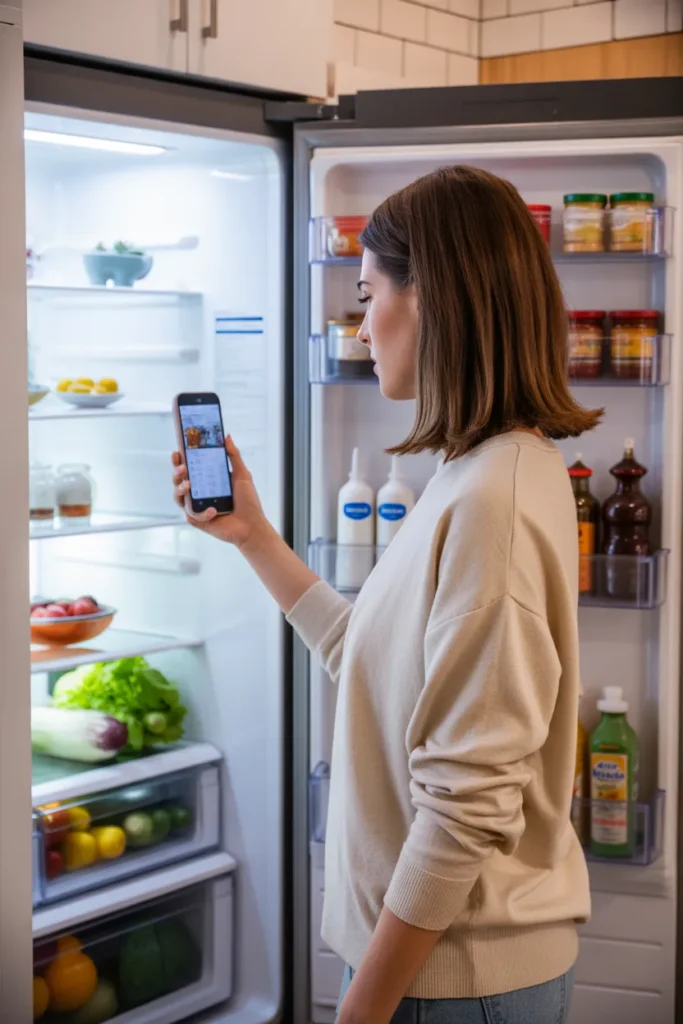 Weekly fridge organization maintenance tip — woman taking a photo of organized refrigerator contents before grocery shopping to reduce food waste