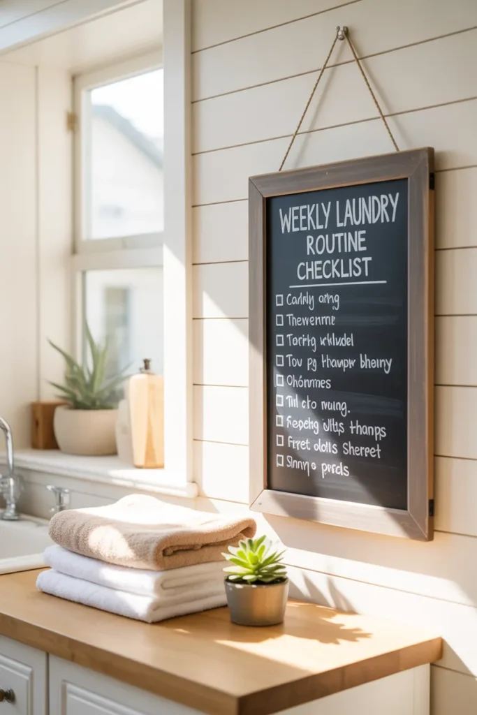 Weekly laundry room routine checklist on chalkboard showing simple organization plan for a tidy laundry room.