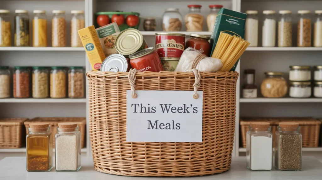 Weekly meal prep basket in an organized pantry filled with planned recipe ingredients for easy weeknight cooking