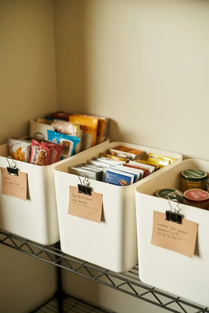 White pantry bins with handwritten labels for budget pantry organization