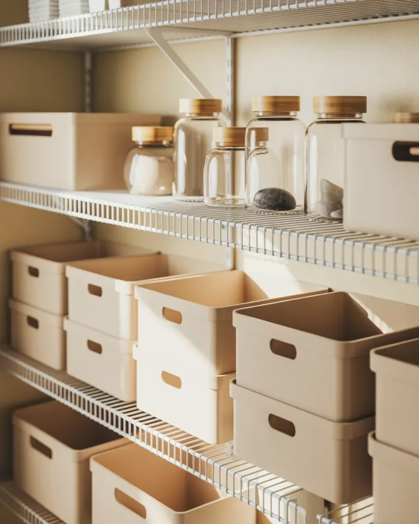 Wire shelving pantry makeover with cream liners and glass jars under $25