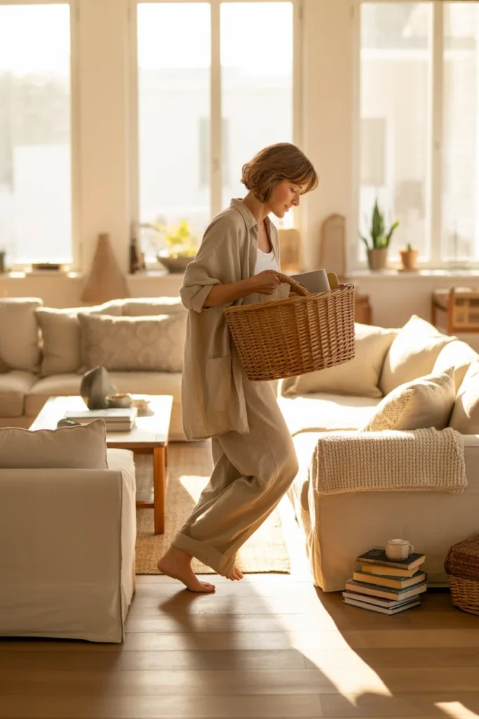 Woman doing a quick Sunday home tidy-up by collecting clutter in a basket in a bright living room
