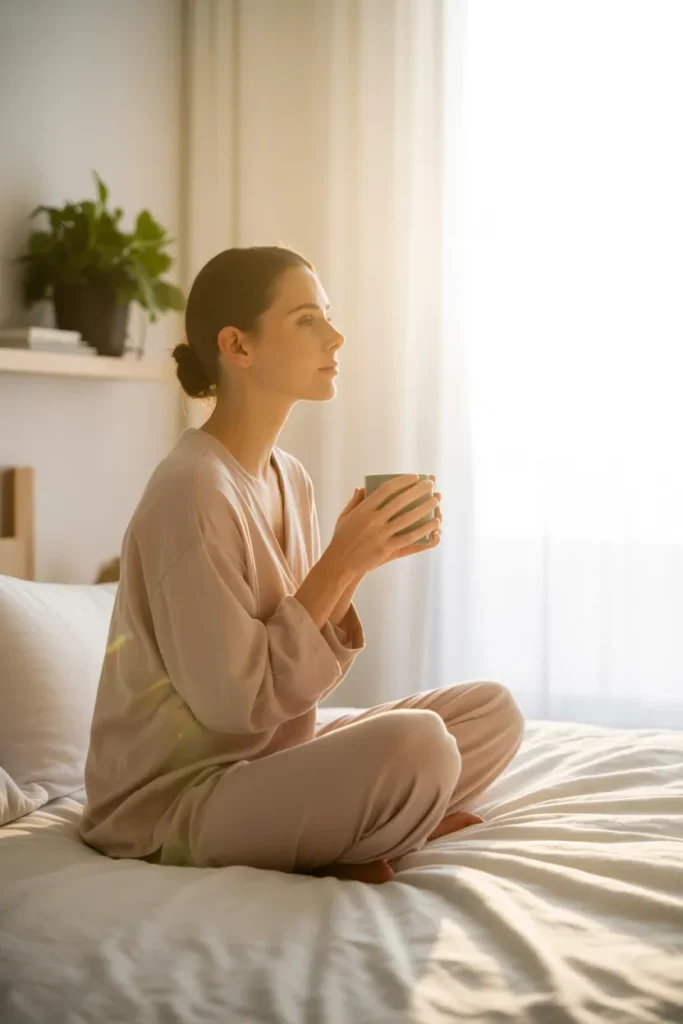  Woman enjoying calm morning routine in organized bedroom with coffee and sunlight showing benefits of bedroom organization hacks