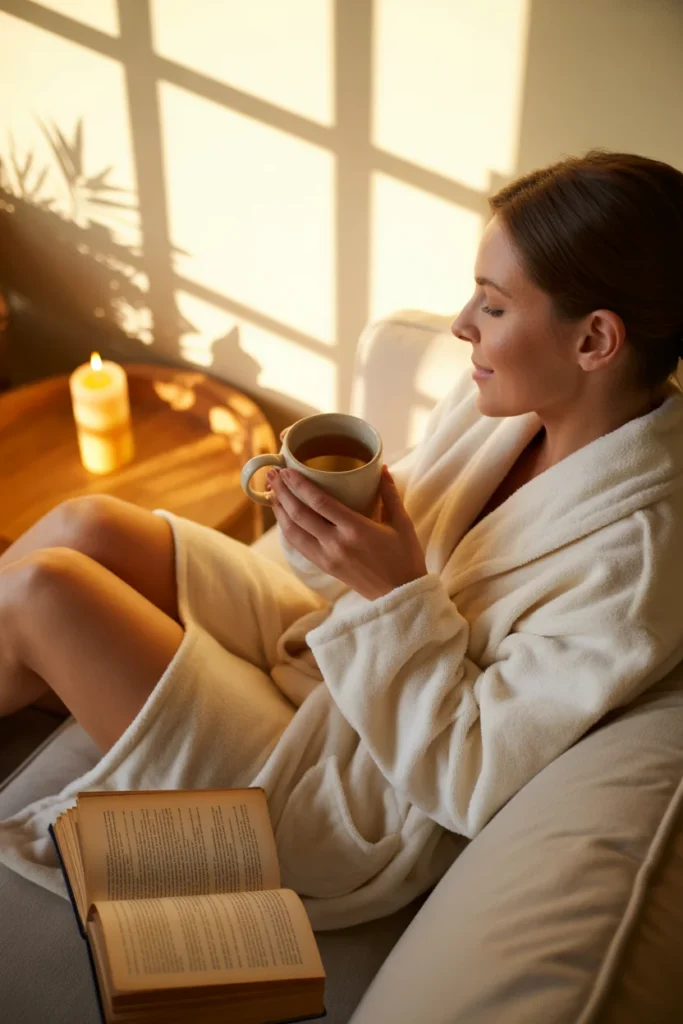 Woman enjoying self-care Sunday reset routine relaxing with tea candle and book in cozy setting