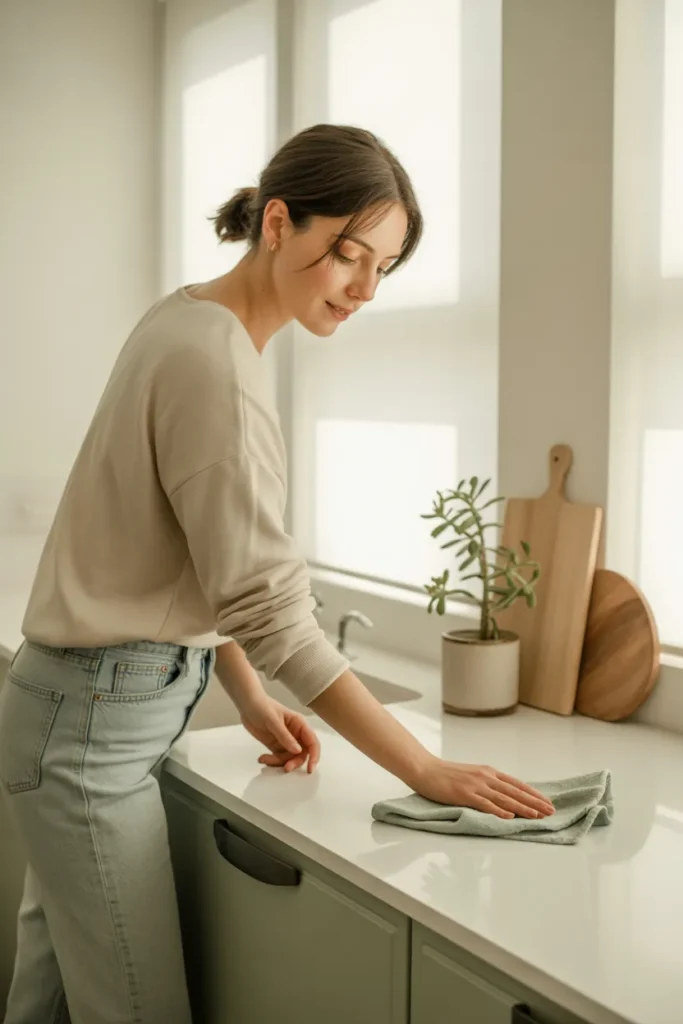 Woman following a weekly cleaning routine in a sunlit minimalist kitchen