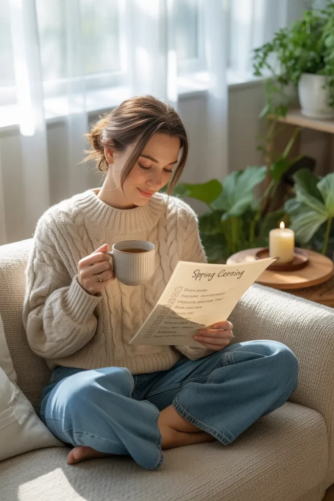 Woman reading spring cleaning checklist with tea on cozy couch in spring self care reset routine