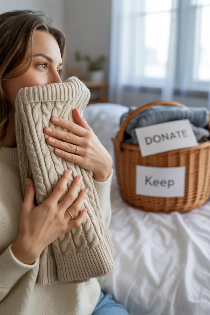 Woman using KonMari method to decide which clothes spark joy while organizing dresser drawers