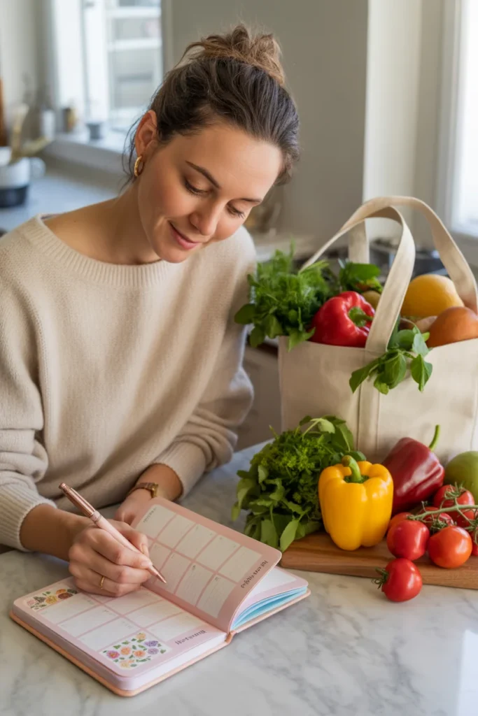 Woman writing a weekly meal plan during her Sunday reset routine at kitchen island with groceries