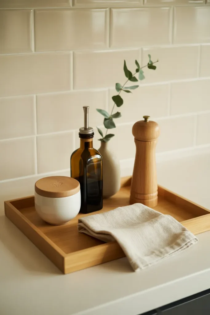 Wood tray corralling salt, oil, and pepper on a studio apartment kitchen counter, the one-bin organization rule in action.