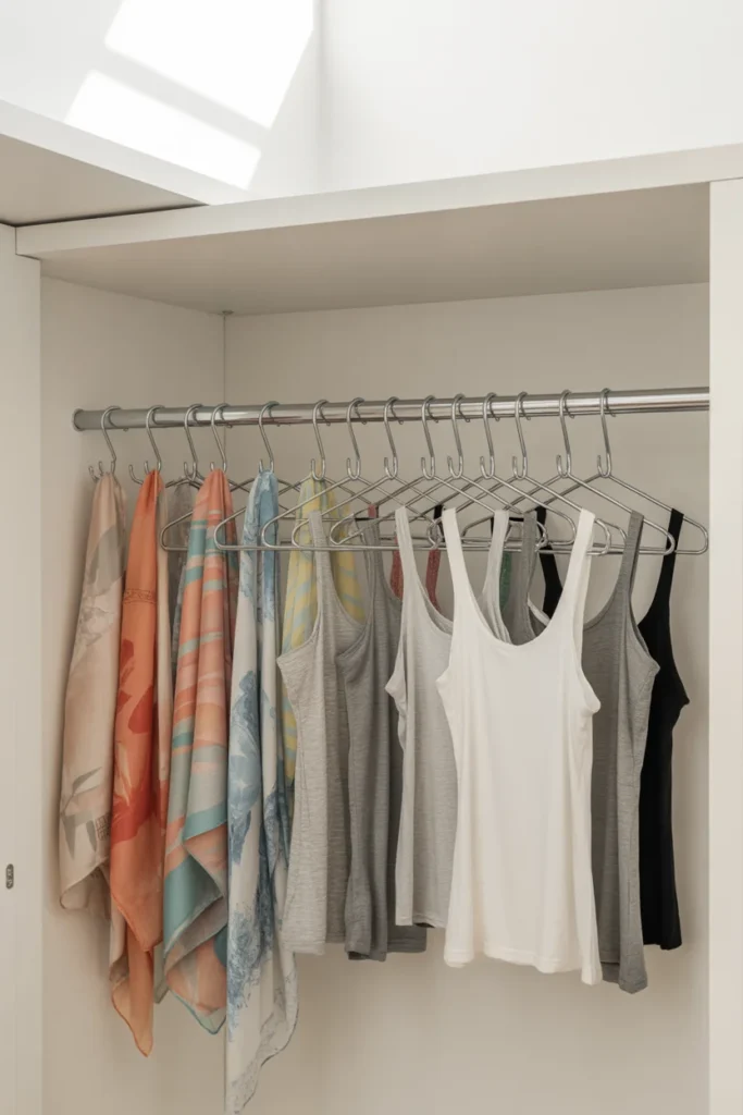 Tension rod with S-hooks adding extra hanging space for scarves in small closet