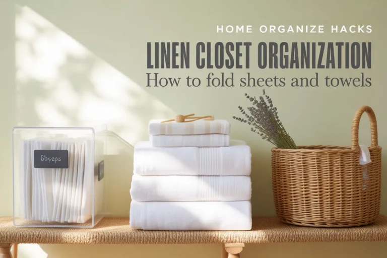 Modern farmhouse linen closet organization with folded white towels, clear sheet bin, and seagrass basket.