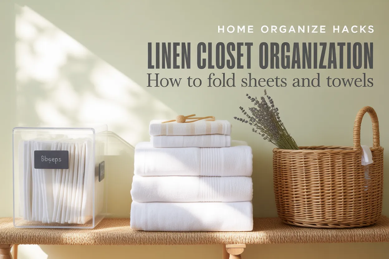 Modern farmhouse linen closet organization with folded white towels, clear sheet bin, and seagrass basket.
