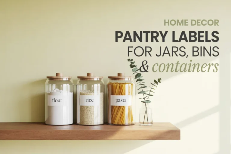 Pinterest pin showing three glass pantry jars with black labels on an oak shelf with home decor pantry labels overlay text.