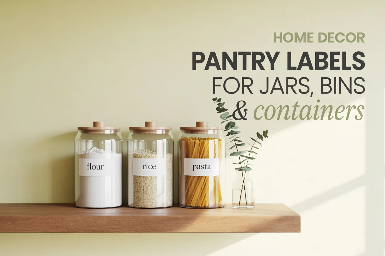 Pinterest pin showing three glass pantry jars with black labels on an oak shelf with home decor pantry labels overlay text.