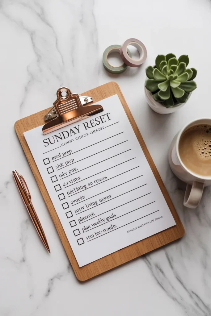 Free printable Sunday reset routine checklist on clipboard with coffee plant and pen styled for Pinterest