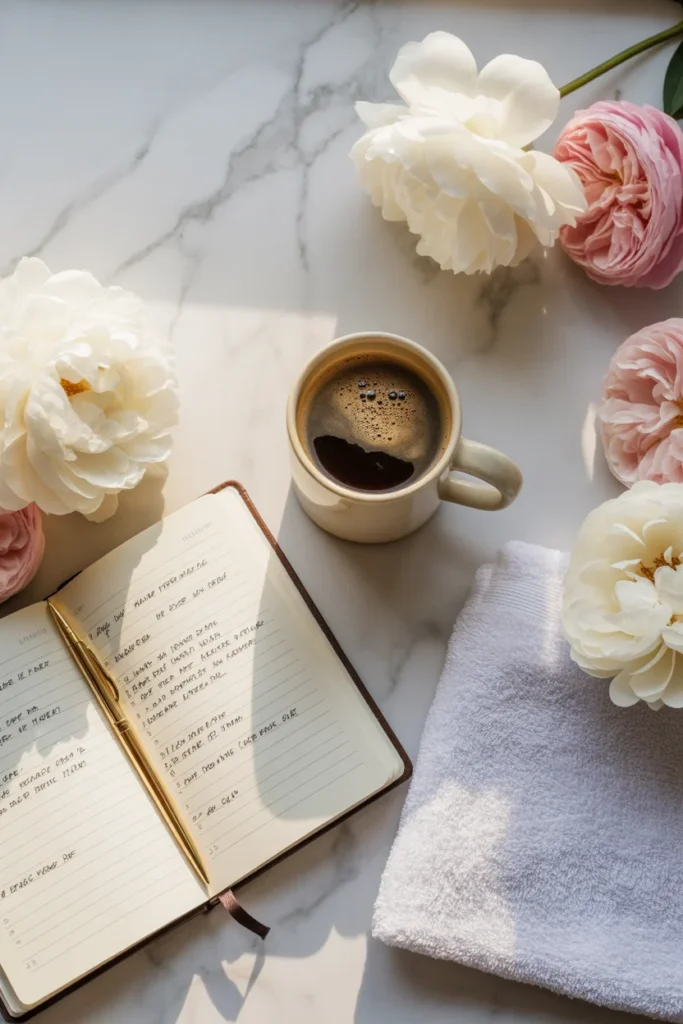 unday reset routine checklist essentials including a planner, coffee, and fresh flowers on a clean countertop