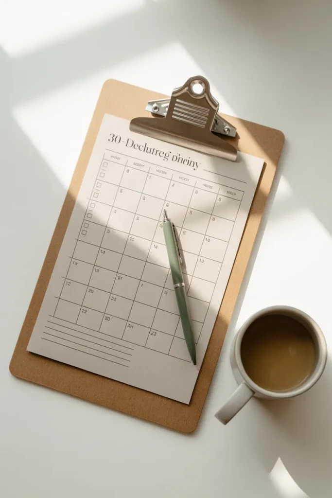 30-day 10-10 decluttering method calendar printable on a clipboard with coffee mug and pen