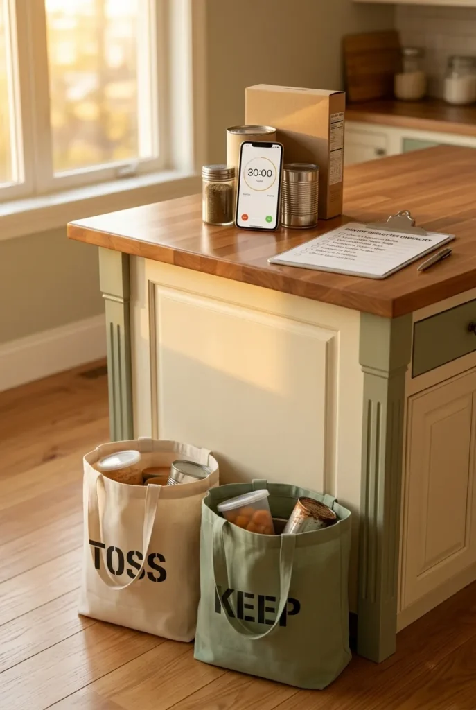 The 30-minute pantry sweep timer setup for auditing expired pantry items.