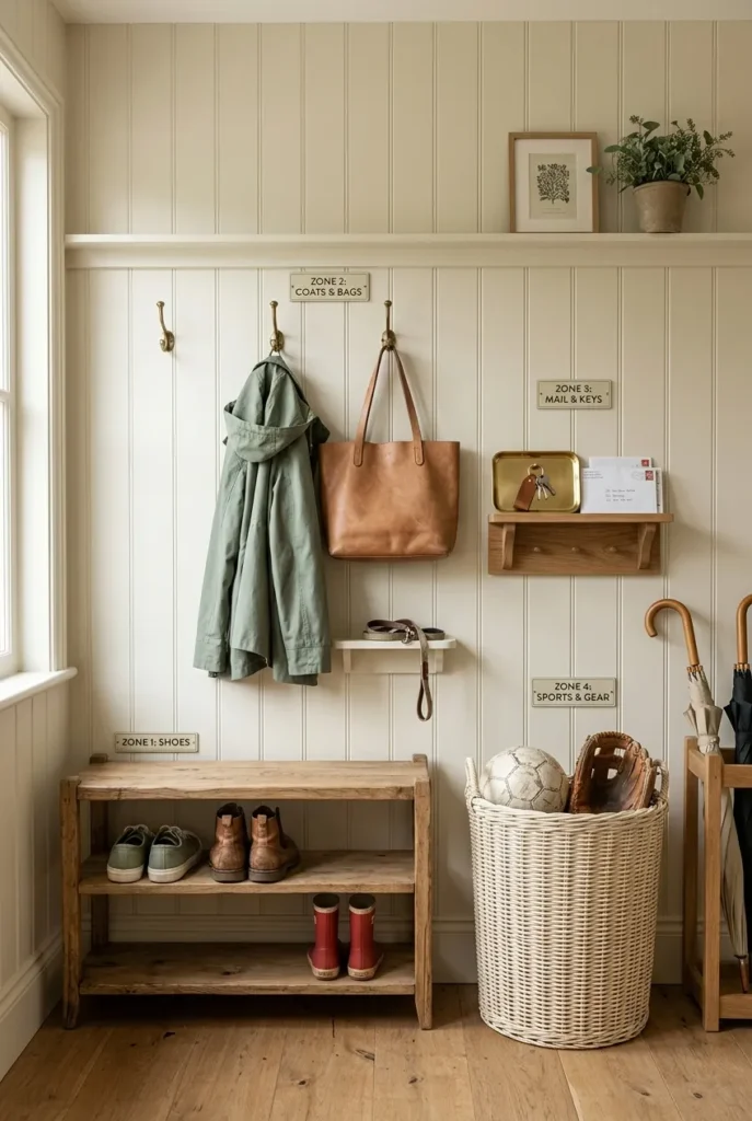 The 4-Zone mudroom system showing shoes, hooks, mail tray, and sports basket