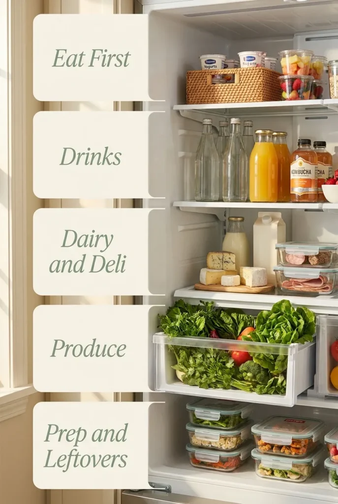 The 5-Zone Fridge Method showing eat-first, drinks, dairy, produce, and prep zones inside an organized refrigerator.