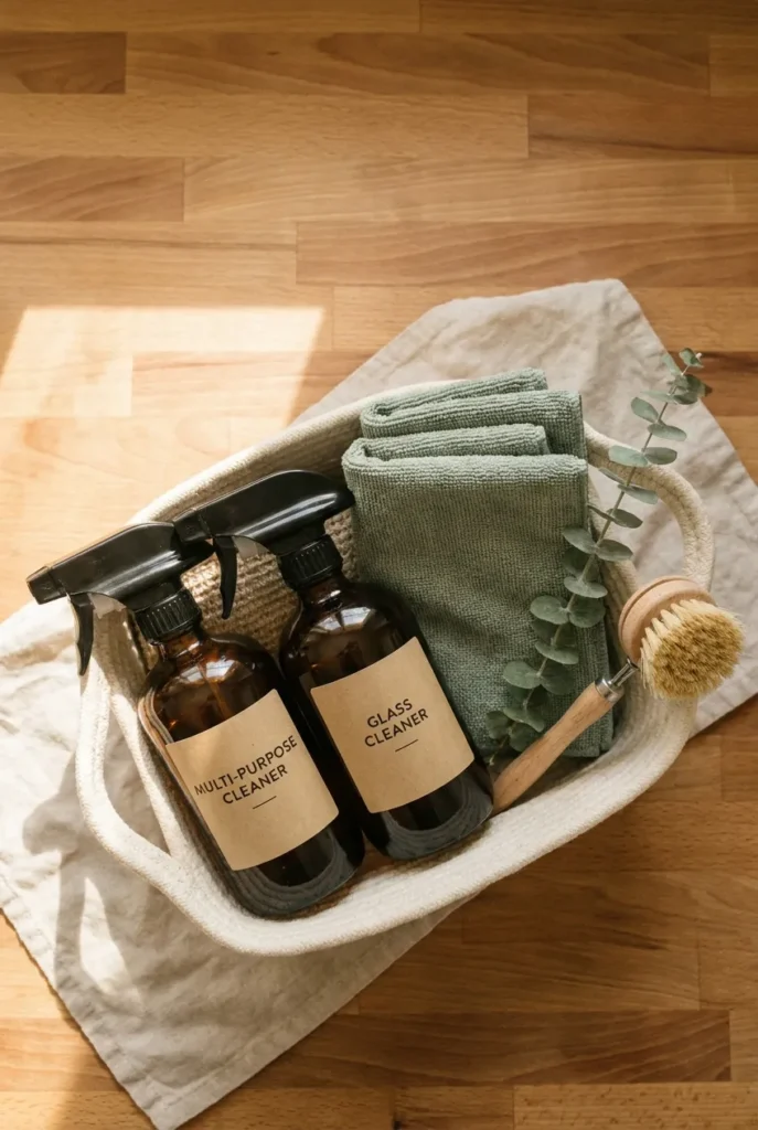 Aesthetic cleaning caddy with amber bottles and sage microfiber cloths on butcher block counter