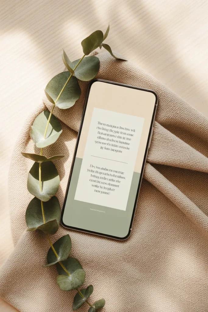 Aesthetic phone lock screen flat lay for cleaning motivation quotes in cream and sage minimalist style.