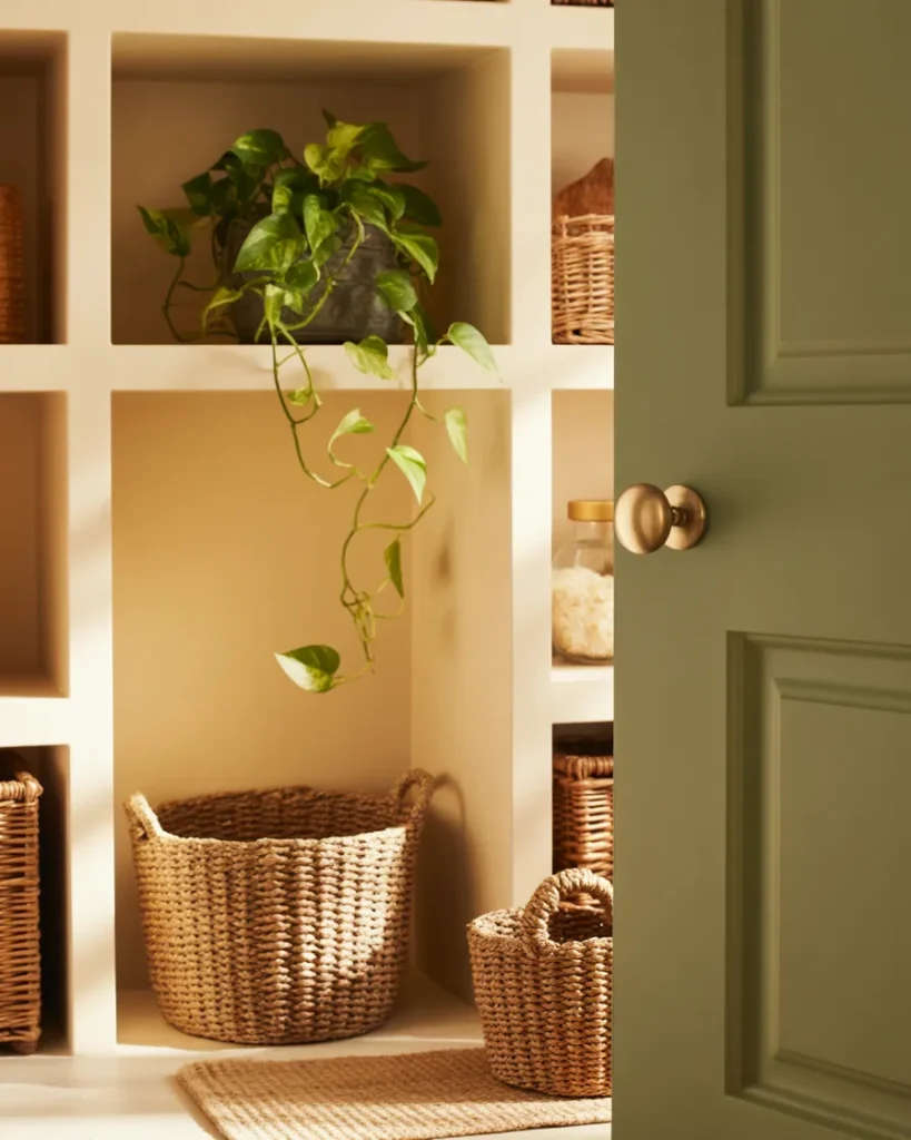 Aesthetic walk in pantry styled with pothos, brushed brass knob, and a jute floor runner