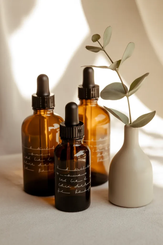 Amber glass bottles with minimalist labels and eucalyptus sprig for aesthetic medicine cabinet decanting