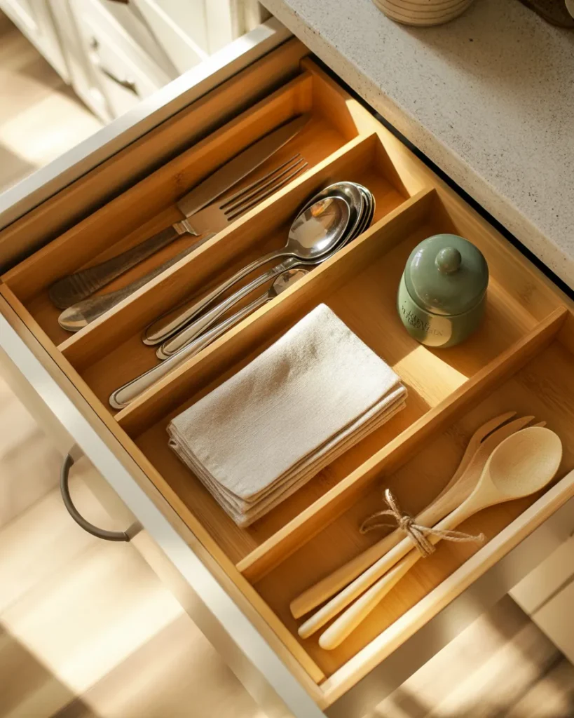 Bamboo drawer dividers organizing kitchen utensils in a small kitchen drawer.