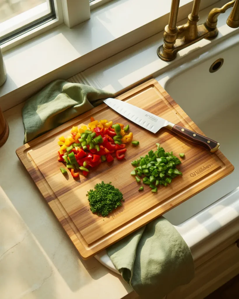 Bamboo over the sink cutting board adding prep space in a small kitchen with cream marble counter.