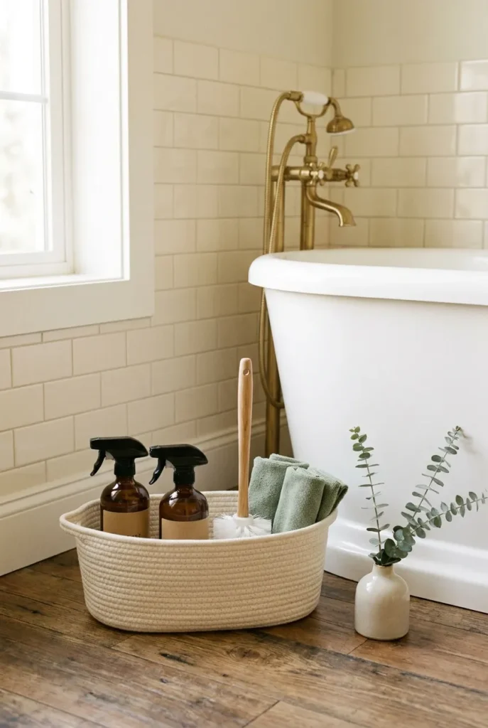 Bathroom cleaning caddy styled with amber bottles and sage cloths next to a freestanding tub