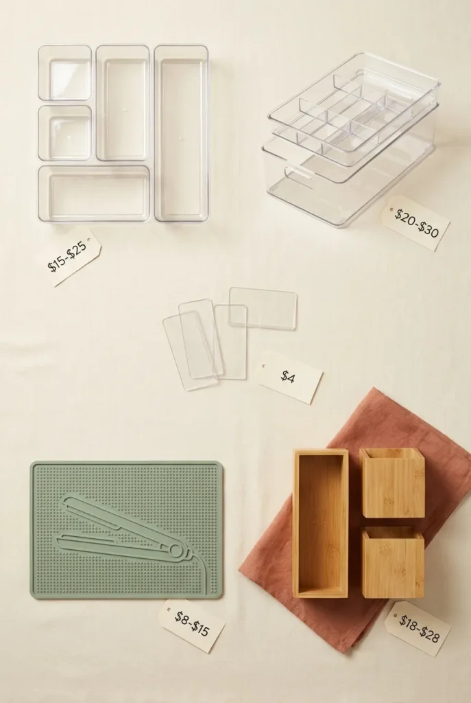 Bathroom drawer organizer comparison flat lay with mDesign, iDesign Linus, Dollar Tree, silicone mat and bamboo bins.