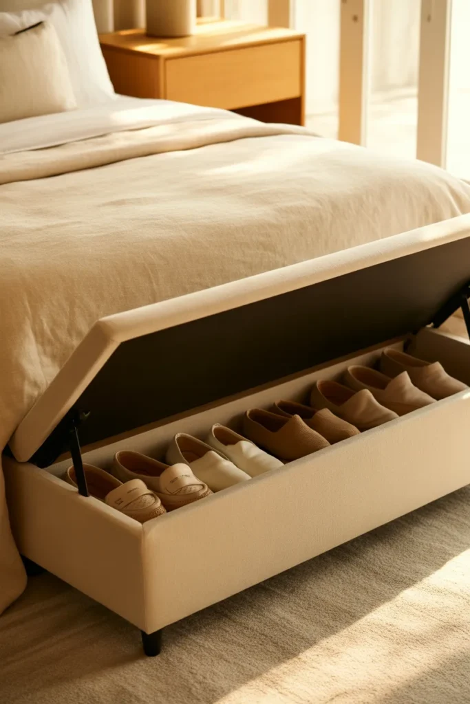 Bedroom shoe storage ideas inside oatmeal linen lift-top bench in Japandi style.