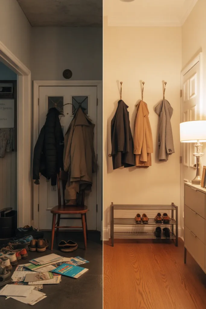 Before and after entryway organization makeover showing decluttered space