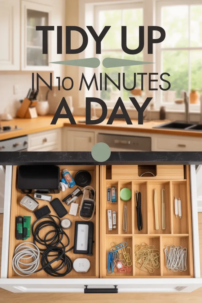 Before and after junk drawer transformation using the 10-10 decluttering method in 10 minutes