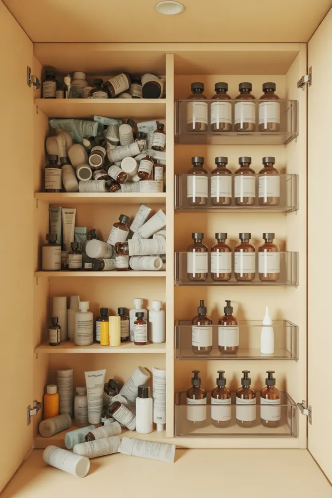Before and after medicine cabinet organization showing cluttered cabinet versus organized clear bin system