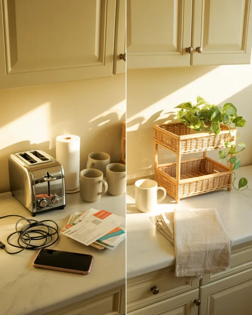 Before and after small kitchen organization showing cluttered counter transformed to clear styled space.