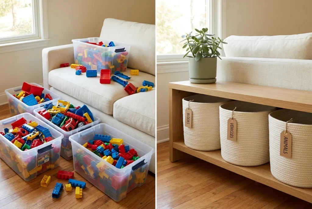 Before and after toy organization showing chaotic plastic bins vs. styled neutral baskets