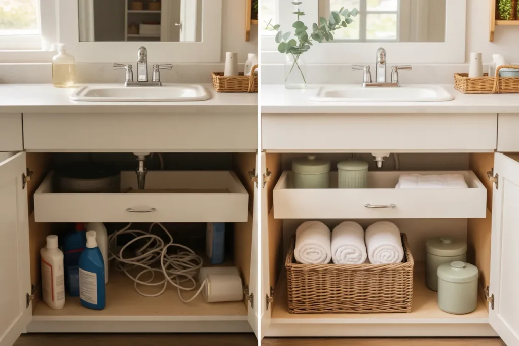 Before and after under bathroom sink organization transformation in builder-grade vanity