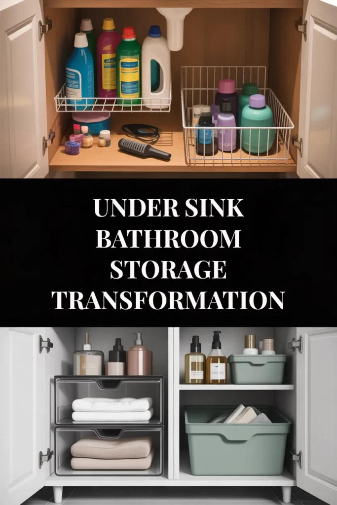 Before and after under bathroom sink storage transformation Pinterest pin with serif title overlay