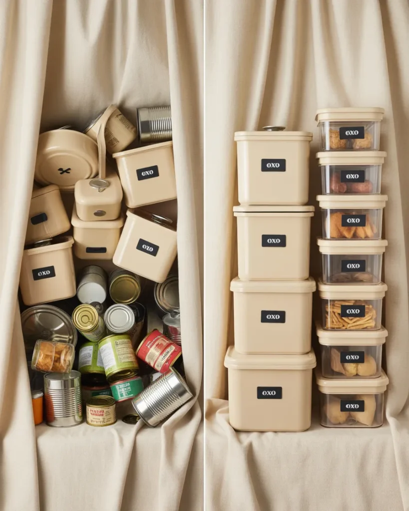 Before and after walk in pantry flat lay showing mismatched bins versus organized labeled canisters